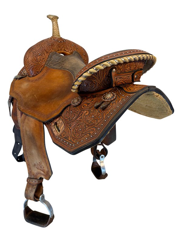 15-inch-used-circle-y-mj-ultimate-revolution-barrel-saddle-wide-flex-tree-1185-84 15 Inch Used Circle Y MJ Revolution Saddle - Image 1
